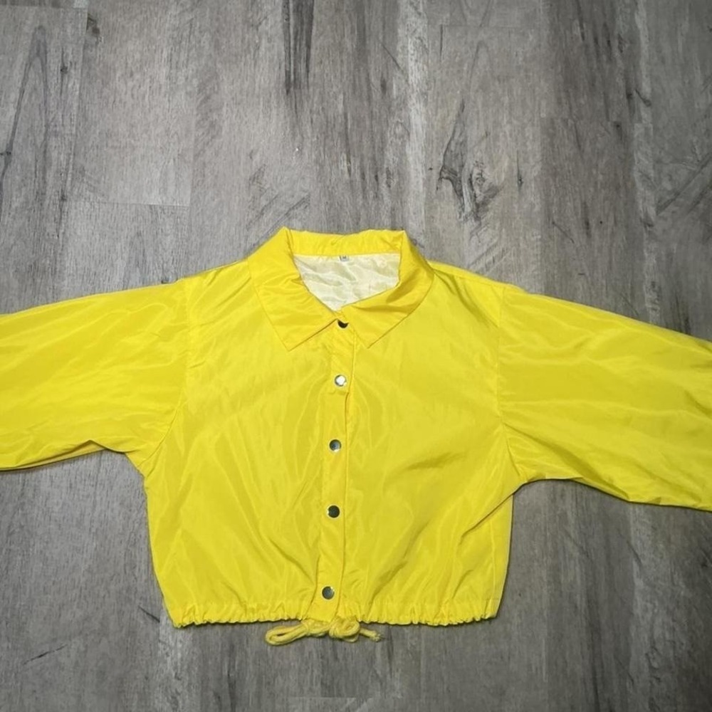 Yellow Cropped Rain Jacket Button Front Tie Waist Size M NWT